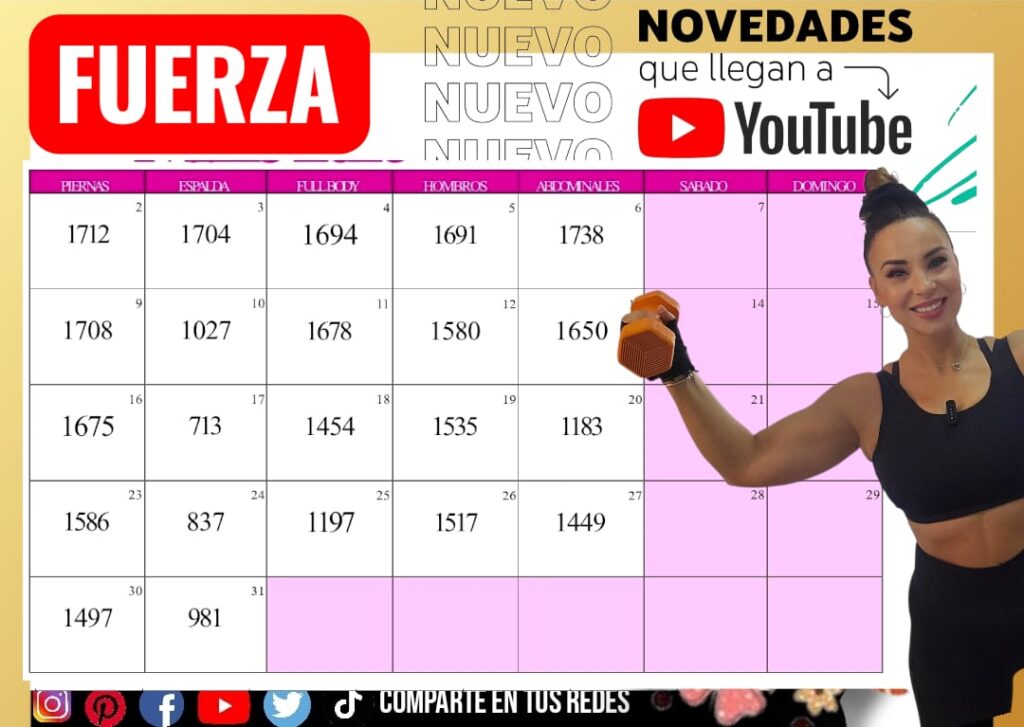Calendario de entrenamiento de fuerza para marzo de 2026 de May ABad. Incluye programación semanal de piernas, espalda, fullbody, hombros y abdominales con códigos de videos de YouTube.