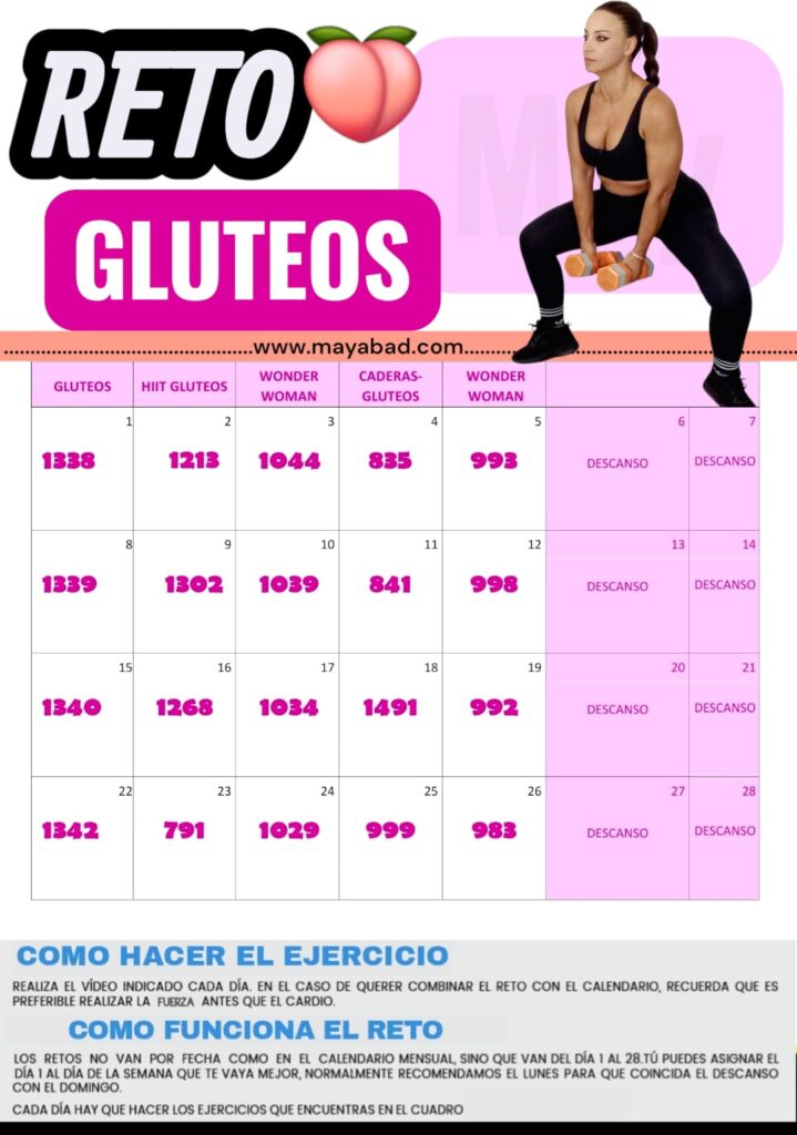 Calendario del Reto de Glúteos de 28 días por May Abad. La imagen muestra una tabla con códigos numéricos para rutinas de HIIT Glúteos, Wonder Woman y Caderas-Glúteos, con fines de semana de descanso